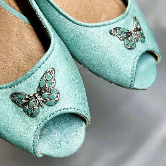 Fossil Flat Women's Size 8.5 Turquoise Leather Open Toe Butterfly - Picture 11 of 11